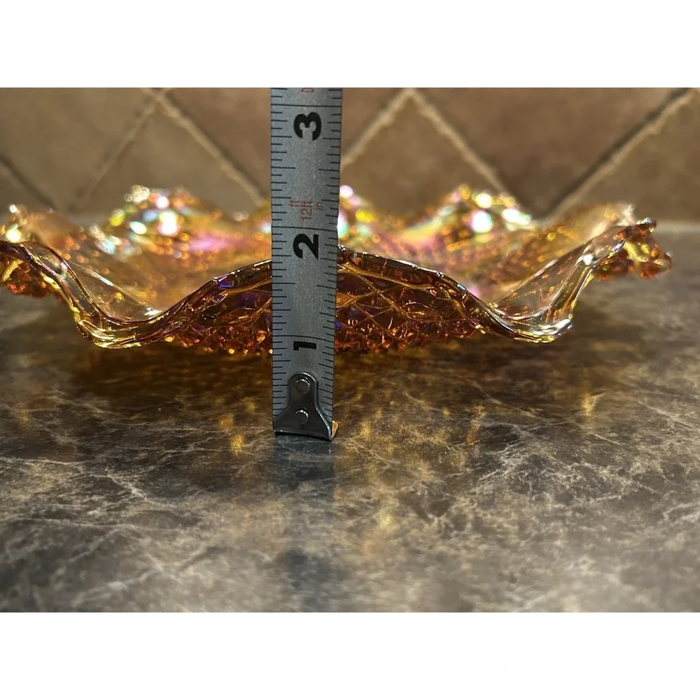 Vintage Indiana Carnival Glass Bowl Amber Marigold Scalloped Dish Iridescent 10